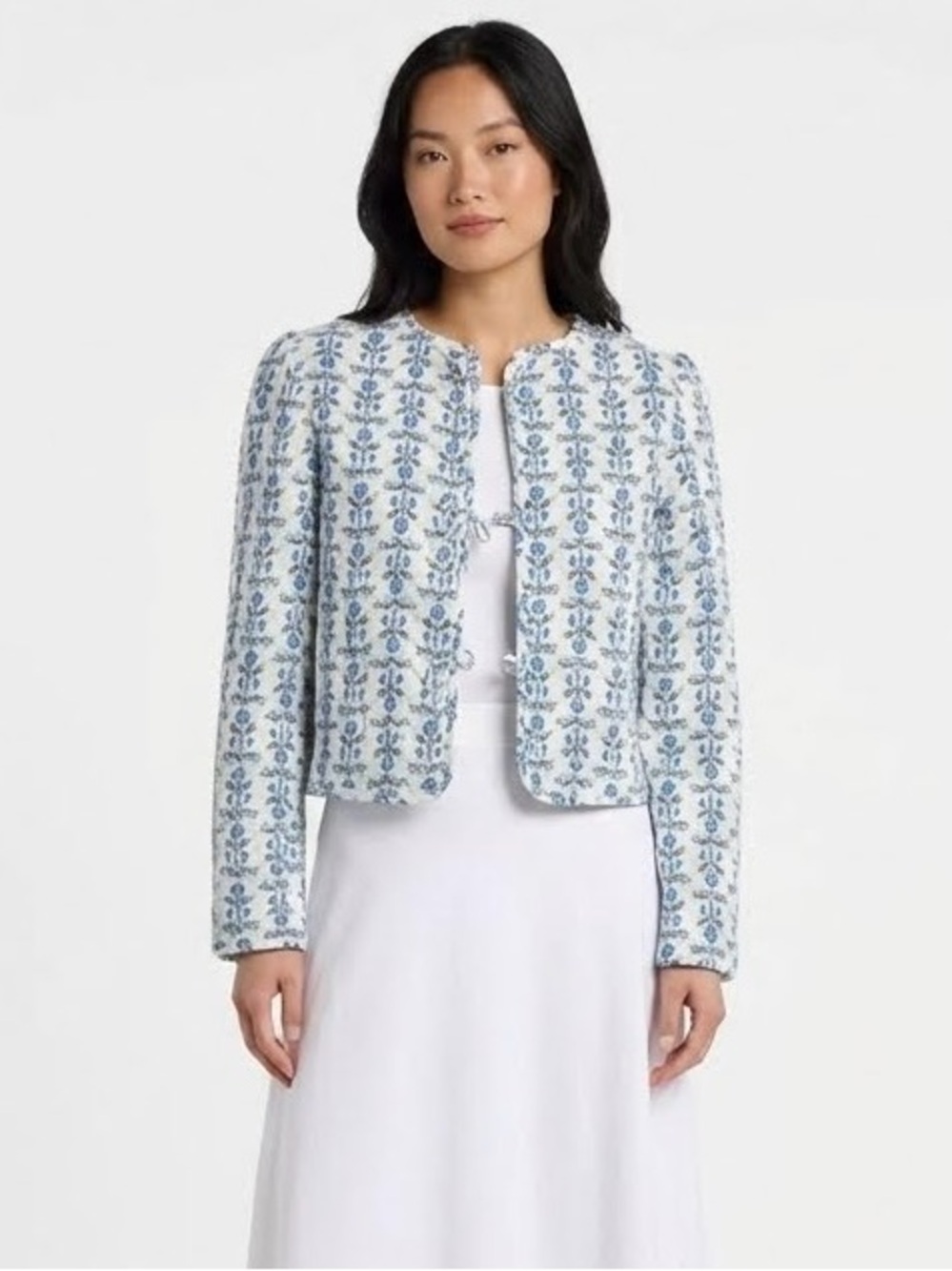 CAROLINE CONSTAS NWOT Linen Blend Floral Quilted Tie Front Jacket